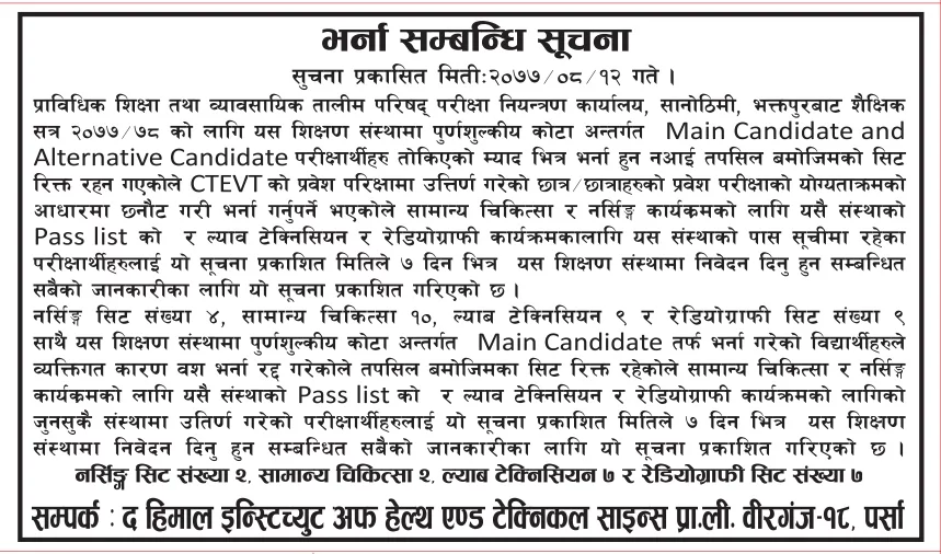 The Himal Institute of Health and Technical Sciences PVT. LTD. Admission Notice