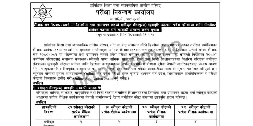 CTEVT Diploma/PCL Level Classified Scholarship Entrance Exam Notice 2080